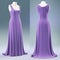 A purple A-line dress with a scoop neckline, on a mannequin, front and back view. Generative AI