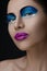 Purple lips, blue shadows on the eyes, black eyebrows Women Makeup Beauty