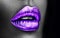 Purple lipstick closeup. Violet metal lips. Beautiful makeup. Sexy lips, bright lip gloss paint