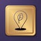 Purple Location with leaf icon isolated on purple background. Eco energy concept. Alternative energy concept. Gold