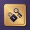 Purple Lock with key icon isolated on purple background. Love symbol and keyhole sign. Gold square button. Vector