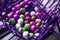 Purple lottery game in close-up with different colored balls with numbers