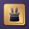 Purple Magician hat and rabbit ears icon isolated on purple background. Magic trick. Mystery entertainment concept. Gold