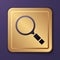 Purple Magnifying glass with search icon isolated on purple background. Detective is investigating. Gold square button