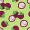 Purple mangosteen seamless pattern illustration on pink background. exotic tropical fruit from southeast Asia