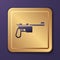 Purple Mauser gun icon isolated on purple background. Mauser C96 is a semi-automatic pistol. Gold square button. Vector