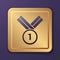 Purple Medal golf icon isolated on purple background. Winner achievement sign. Award medal. Gold square button. Vector