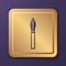 Purple Medieval spear icon isolated on purple background. Medieval weapon. Gold square button. Vector