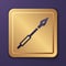 Purple Medieval spear icon isolated on purple background. Medieval weapon. Gold square button. Vector
