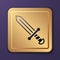 Purple Medieval sword icon isolated on purple background. Medieval weapon. Gold square button. Vector