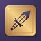 Purple Medieval sword icon isolated on purple background. Medieval weapon. Gold square button. Vector