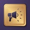 Purple Megaphone icon isolated on purple background. Speaker sign. Gold square button. Vector