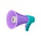 Purple megaphone with turquoise handle and button. Loud-speaker. Device for voice amplification. Flat vector design