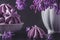 Purple meringue cookies with lilac flowers in vase on dark background. low key. vintage or instagram toning. still life