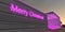 A purple Merry Christmas lettering on the aluminum wall of an advanced private estate near the entrance to the room where they are