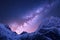 Purple milky Way above snowy mountains. Space