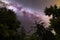 Purple Milky way falling stars pine trees silhouette