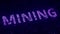 Purple MINING word made with flying luminescent particles. Modern technology related loopable 3D animation