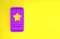 Purple Mobile phone with review rating icon isolated on yellow background. Concept of testimonials messages