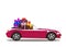 Purple modern cartoon cabriolet car full of gift boxes isolated