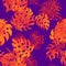 Purple Monstera Painting. Orange Botanical Decor. Violet Tropical Wallpaper. Neon Seamless Garden. Yellow Pattern Illustration. Pi