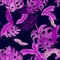 Purple Monstera Pattern Foliage. Blue Seamless Plant. Violet Watercolor Plant. Coral Tropical Print. Indigo Floral Texture.Neon Su