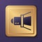 Purple Movie spotlight icon isolated on purple background. Light Effect. Scene, Studio, Show. Gold square button. Vector