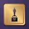 Purple Movie trophy icon isolated on purple background. Academy award icon. Films and cinema symbol. Gold square button