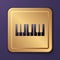 Purple Music synthesizer icon isolated on purple background. Electronic piano. Gold square button. Vector