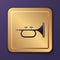 Purple Musical instrument trumpet icon isolated on purple background. Gold square button. Vector