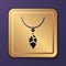 Purple Necklace with crystal icon isolated on purple background. Gold square button. Vector