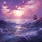 Purple Neoclassicism Seascape Abstract Painting With Waves And Ship