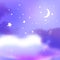 Purple night sky with moon, fluffy clouds and lots of stars. Dream illustration, peaceful fantasy background