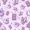 Purple occult seamless pattern with different magic objects. Repetitive background with tarot cards, liquid bottles and amethysts