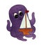 A purple octopus holds a sailing ship with tentacles