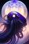 A purple octopus with a round light in the background - Ai Generated