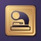 Purple Old gramophone icon isolated on purple background. Gold square button. Vector