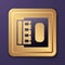 Purple Open matchbox and matches icon isolated on purple background. Gold square button. Vector