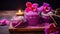 Purple orchid, fresh flower, aromatherapy candle, relaxation, wellbeing, spa treatment generated by AI