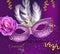 Purple ornamented mask card Vector realistic. Stylish Masquerade Party. Mardi Gras card invitation. Night Party Poster