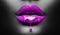 Purple Paint dripping, lipgloss drops on sexy lips, bright liquid paint on beautiful model girl`s mouth, black skin. Lipstick