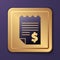 Purple Paper or financial check icon isolated on purple background. Paper print check, shop receipt or bill. Gold square