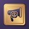 Purple Peace icon isolated on purple background. Hippie symbol of peace. Gold square button. Vector