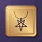 Purple Pentagram on necklace icon isolated on purple background. Magic occult star symbol. Gold square button. Vector