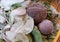 Purple Peruvian Alpaca Wool Yarn Balls Dyed from Local Plants Leaves at Chinchero, the Andes Village in Cuzco Region of Peru