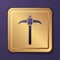 Purple Pickaxe icon isolated on purple background. Gold square button. Vector