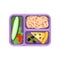 Purple plastic tray with tasty food. Fresh vegetables, noodles with bacon, olives and slice of pizza. Appetizing lunch