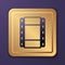 Purple Play Video icon isolated on purple background. Film strip sign. Gold square button. Vector