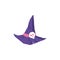Purple pointed witch hat with skull decoration, isolated vector illustration