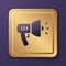 Purple Police megaphone icon isolated on purple background. Gold square button. Vector